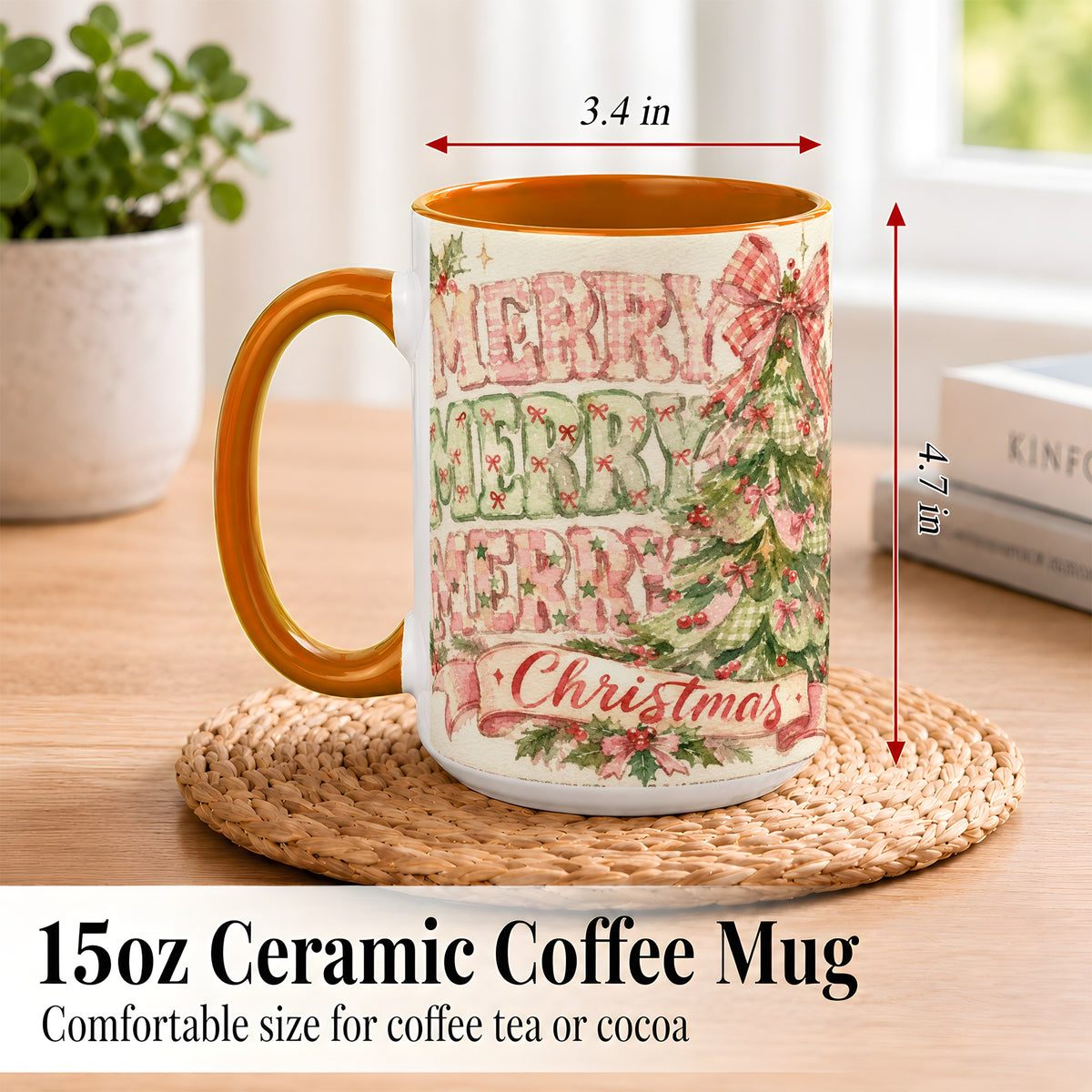 #pl[15oz|Orange] Pink Gingham Christmas Tree Coffee Mug, Holiday Mug, Ceramic Cup