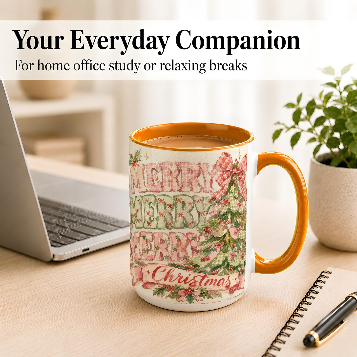 #pl[15oz|Orange] Pink Gingham Christmas Tree Coffee Mug, Holiday Mug, Ceramic Cup