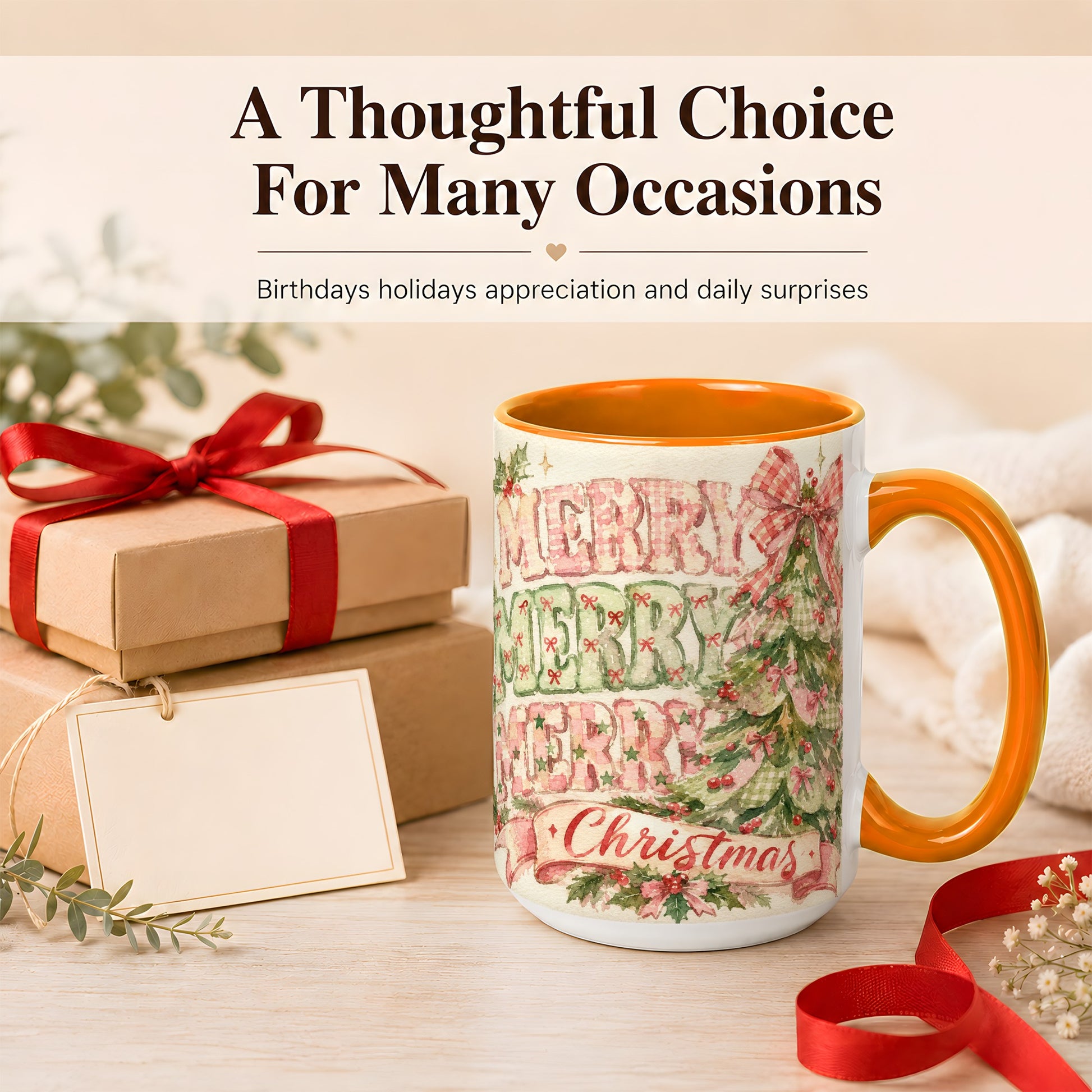 #pl[15oz|Orange] Pink Gingham Christmas Tree Coffee Mug, Holiday Mug, Ceramic Cup