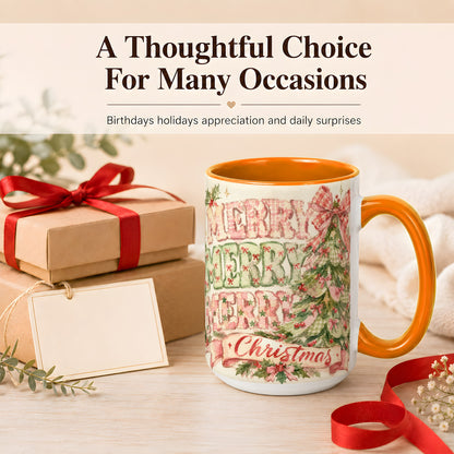 #pl[15oz|Orange] Pink Gingham Christmas Tree Coffee Mug, Holiday Mug, Ceramic Cup