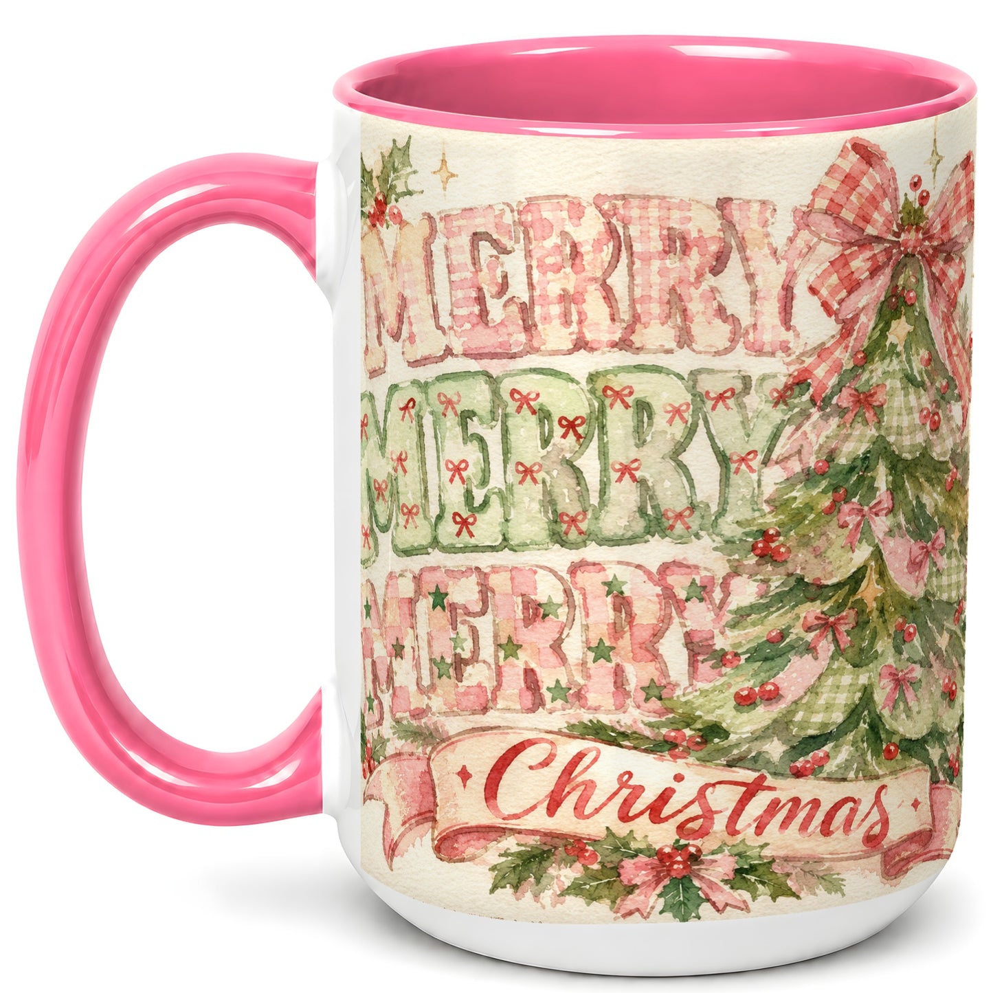 #pl[15oz|Pink] Pink Gingham Christmas Tree Coffee Mug, Holiday Mug, Ceramic Cup