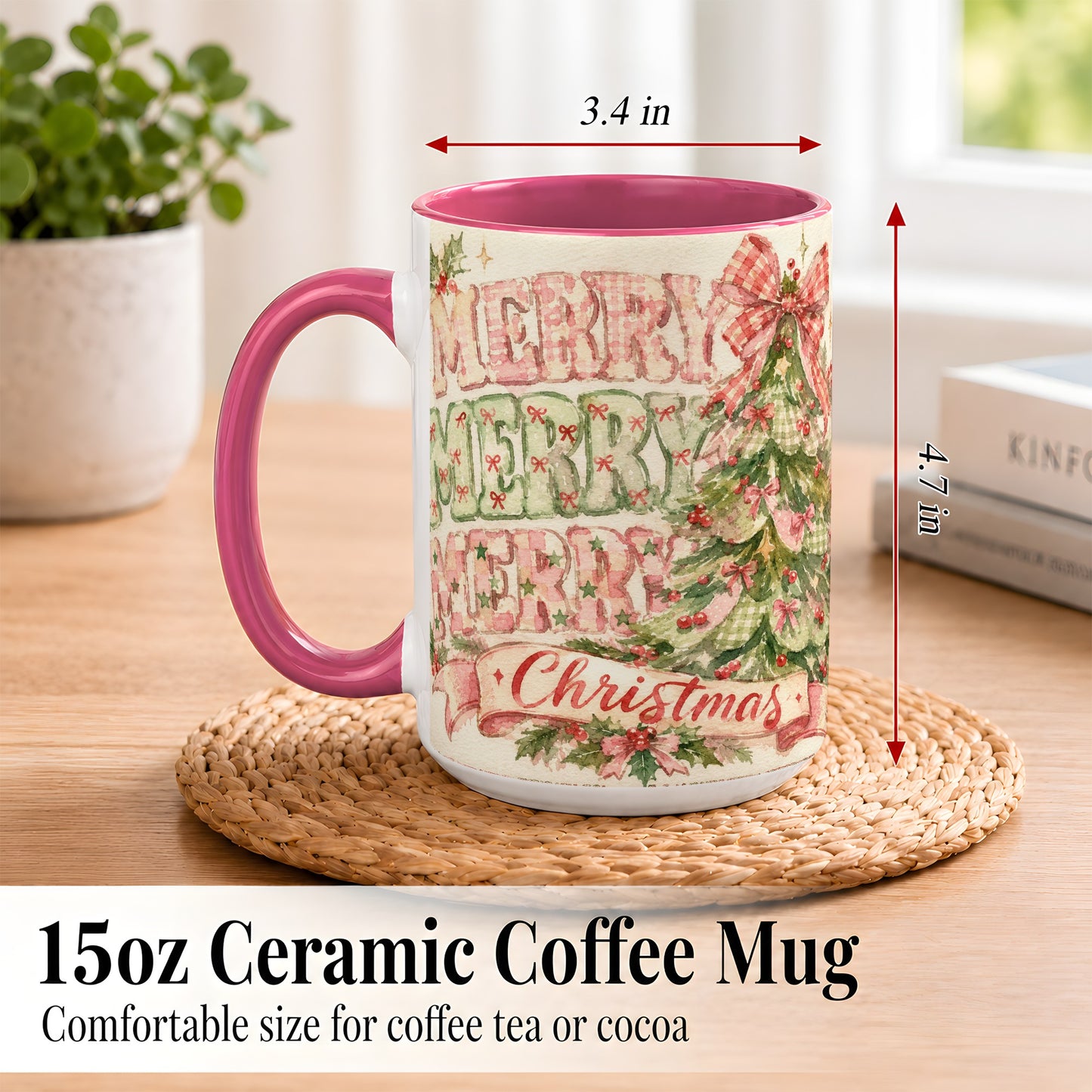 #pl[15oz|Pink] Pink Gingham Christmas Tree Coffee Mug, Holiday Mug, Ceramic Cup