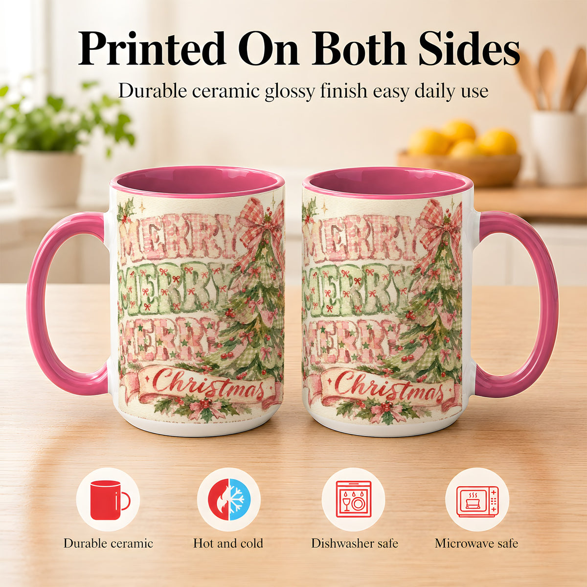 #pl[15oz|Pink] Pink Gingham Christmas Tree Coffee Mug, Holiday Mug, Ceramic Cup