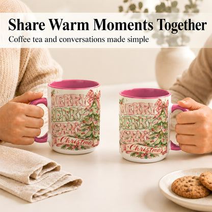 #pl[15oz|Pink] Pink Gingham Christmas Tree Coffee Mug, Holiday Mug, Ceramic Cup