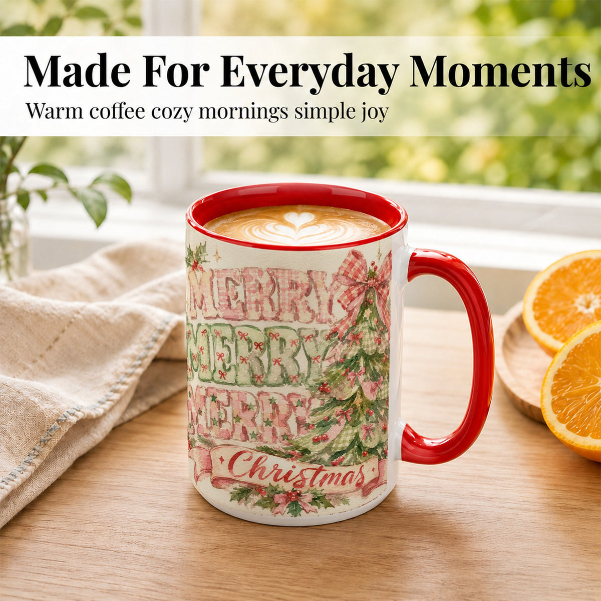#pl[15oz|Red] Pink Gingham Christmas Tree Coffee Mug, Holiday Mug, Ceramic Cup