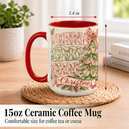 #pl[15oz|Red] Pink Gingham Christmas Tree Coffee Mug, Holiday Mug, Ceramic Cup