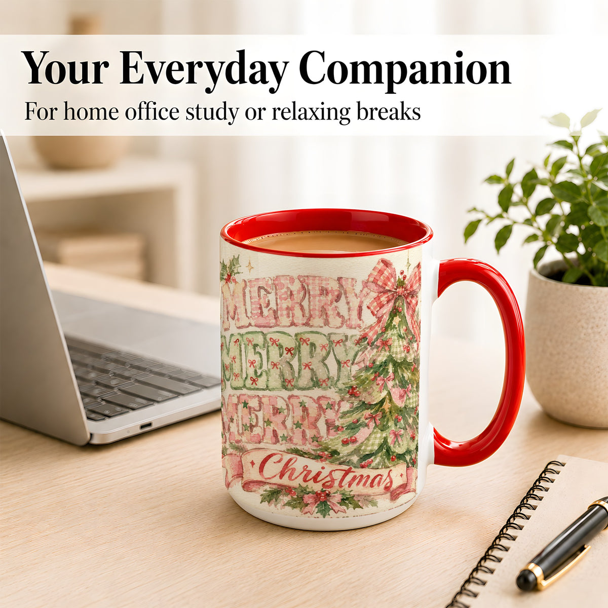 #pl[15oz|Red] Pink Gingham Christmas Tree Coffee Mug, Holiday Mug, Ceramic Cup