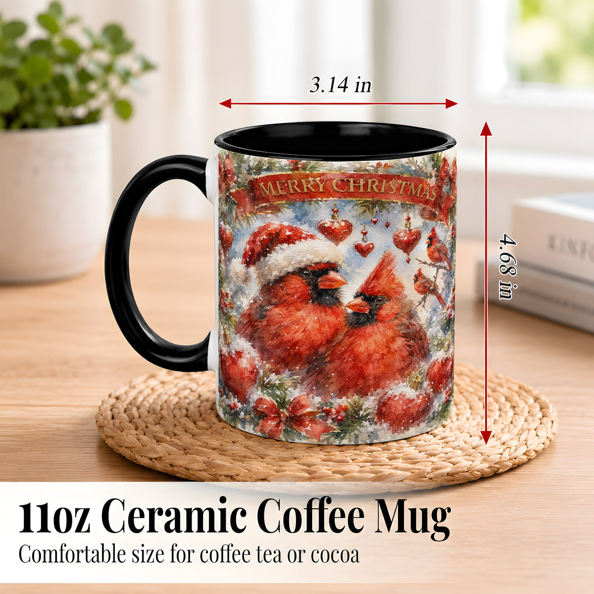 #pl[11oz|Black] Christmas Cardinals Coffee Mug, Winter Bird Mug, Ceramic Cup