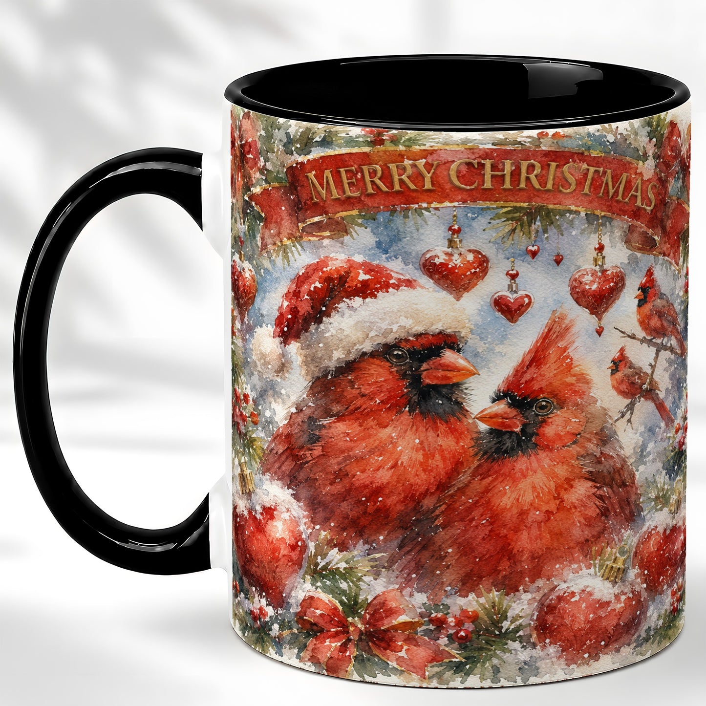 #pl[11oz|Black] Christmas Cardinals Coffee Mug, Winter Bird Mug, Ceramic Cup