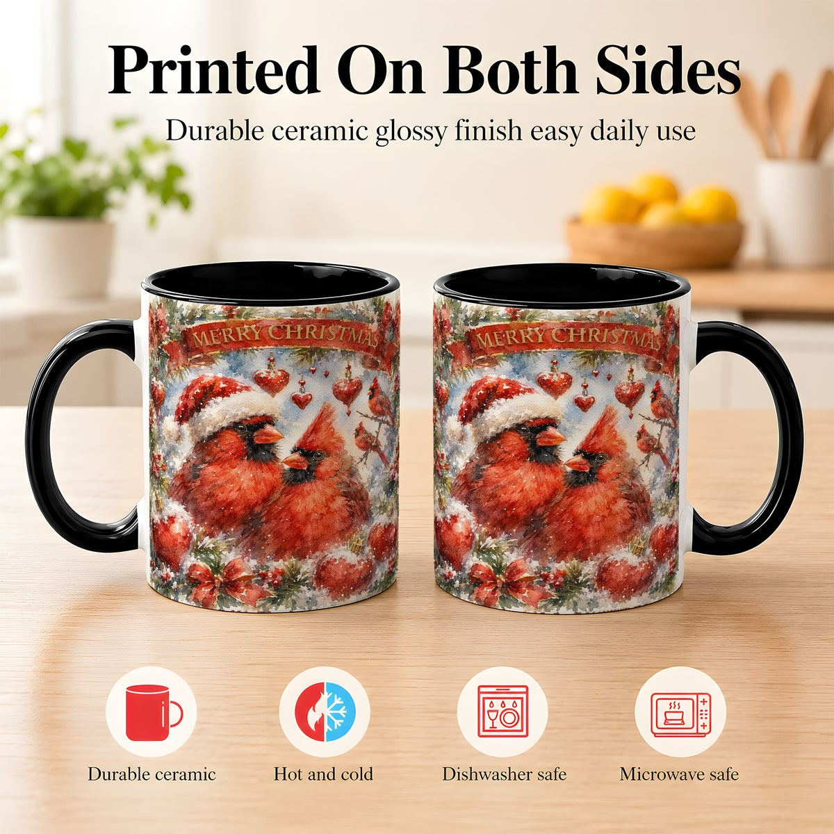#pl[11oz|Black] Christmas Cardinals Coffee Mug, Winter Bird Mug, Ceramic Cup