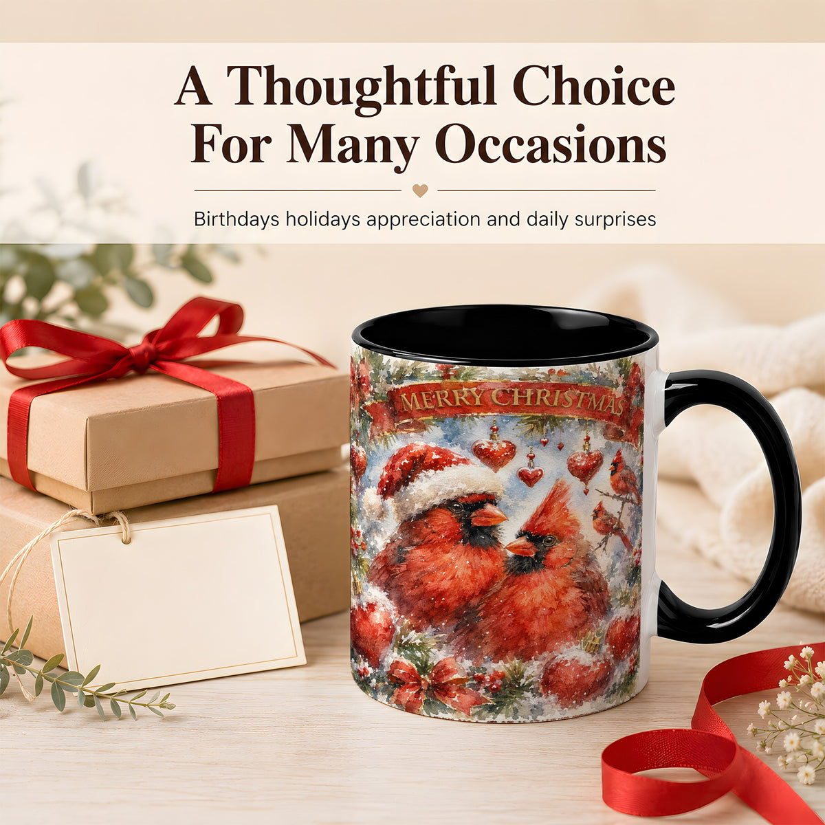 #pl[11oz|Black] Christmas Cardinals Coffee Mug, Winter Bird Mug, Ceramic Cup