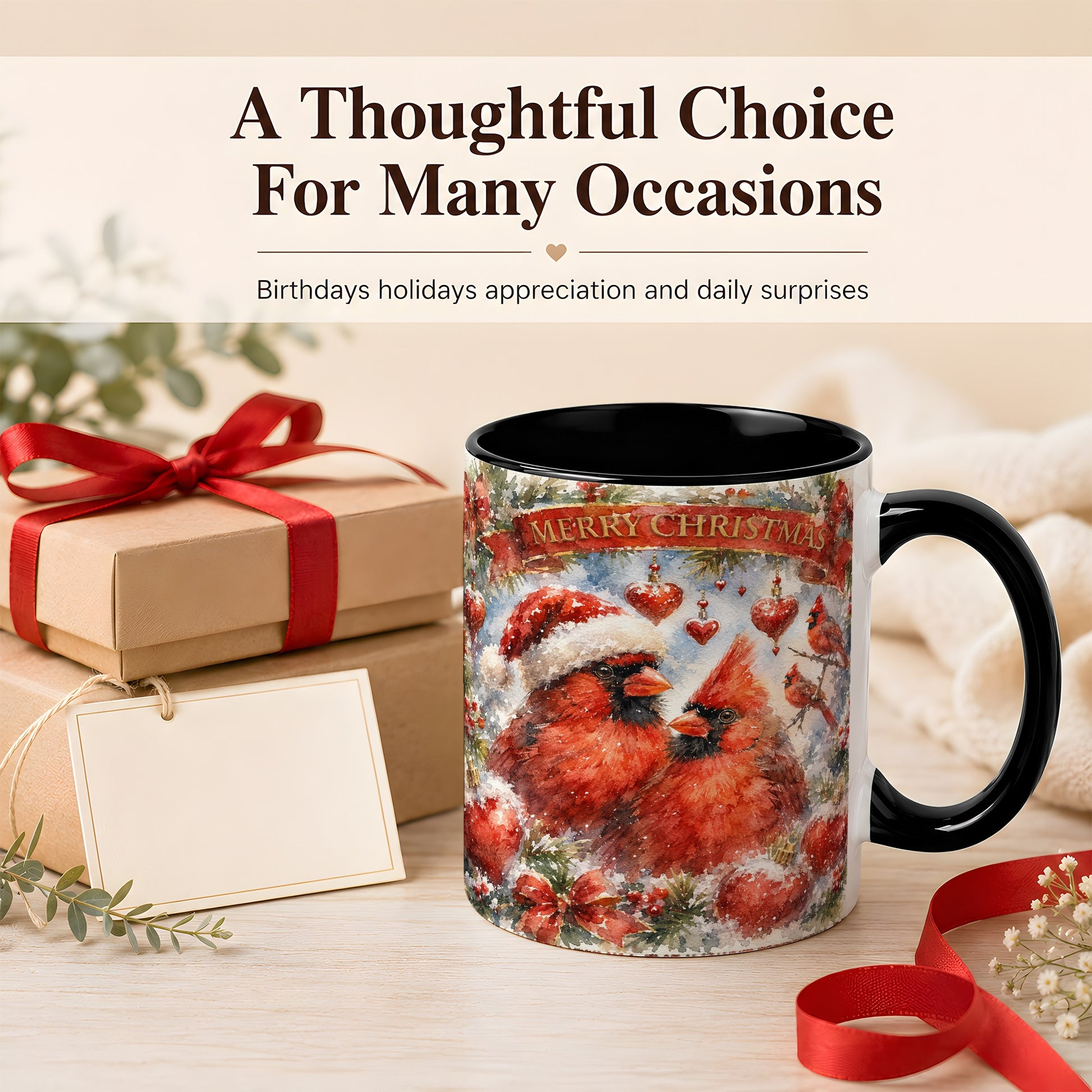 #pl[11oz|Black] Christmas Cardinals Coffee Mug, Winter Bird Mug, Ceramic Cup