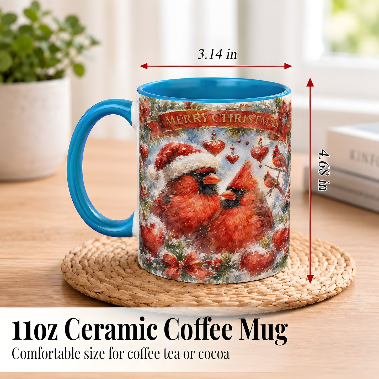#pl[11oz|Blue] Christmas Cardinals Coffee Mug, Winter Bird Mug, Ceramic Cup