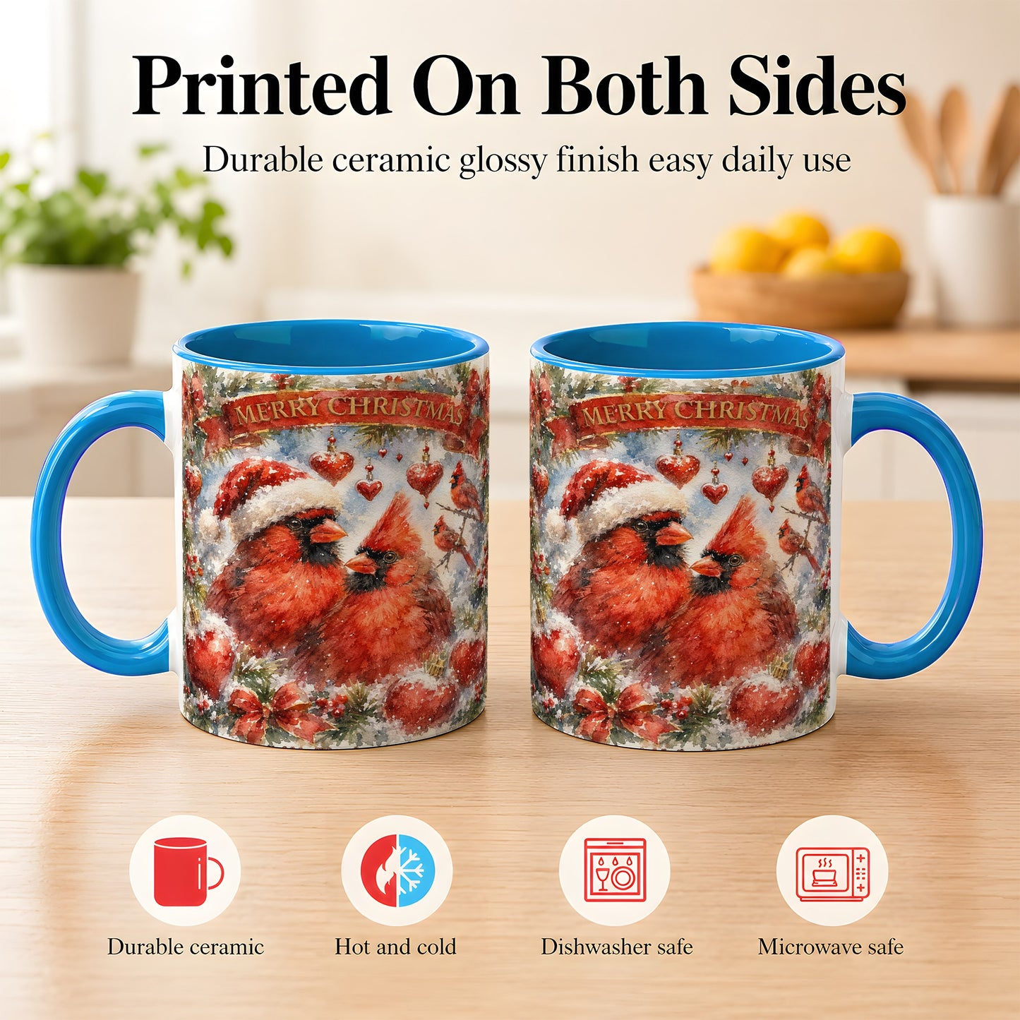 #pl[11oz|Blue] Christmas Cardinals Coffee Mug, Winter Bird Mug, Ceramic Cup