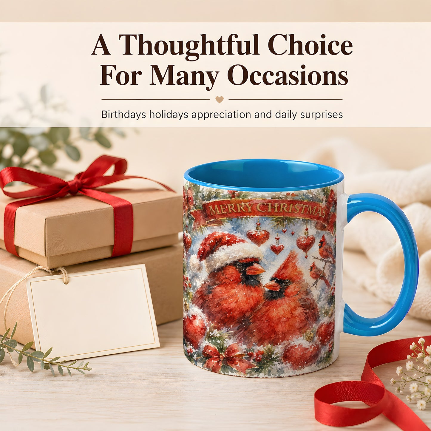 #pl[11oz|Blue] Christmas Cardinals Coffee Mug, Winter Bird Mug, Ceramic Cup