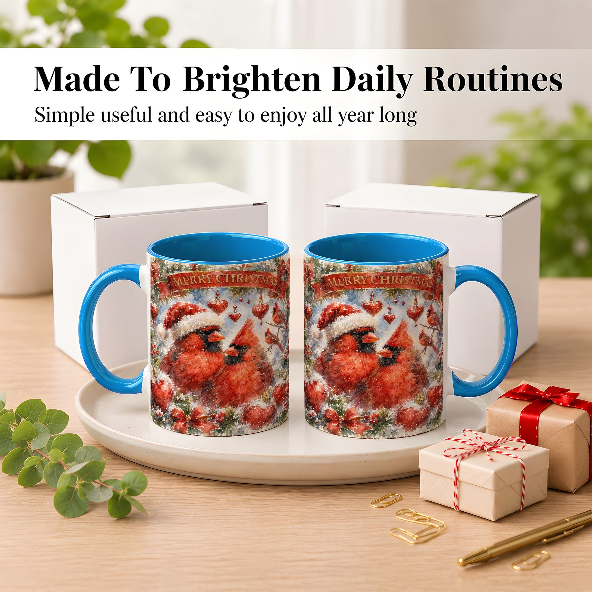 #pl[11oz|Blue] Christmas Cardinals Coffee Mug, Winter Bird Mug, Ceramic Cup