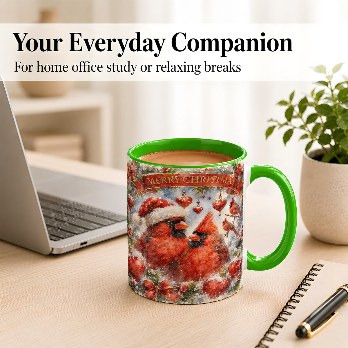 #pl[11oz|Green] Christmas Cardinals Coffee Mug, Winter Bird Mug, Ceramic Cup