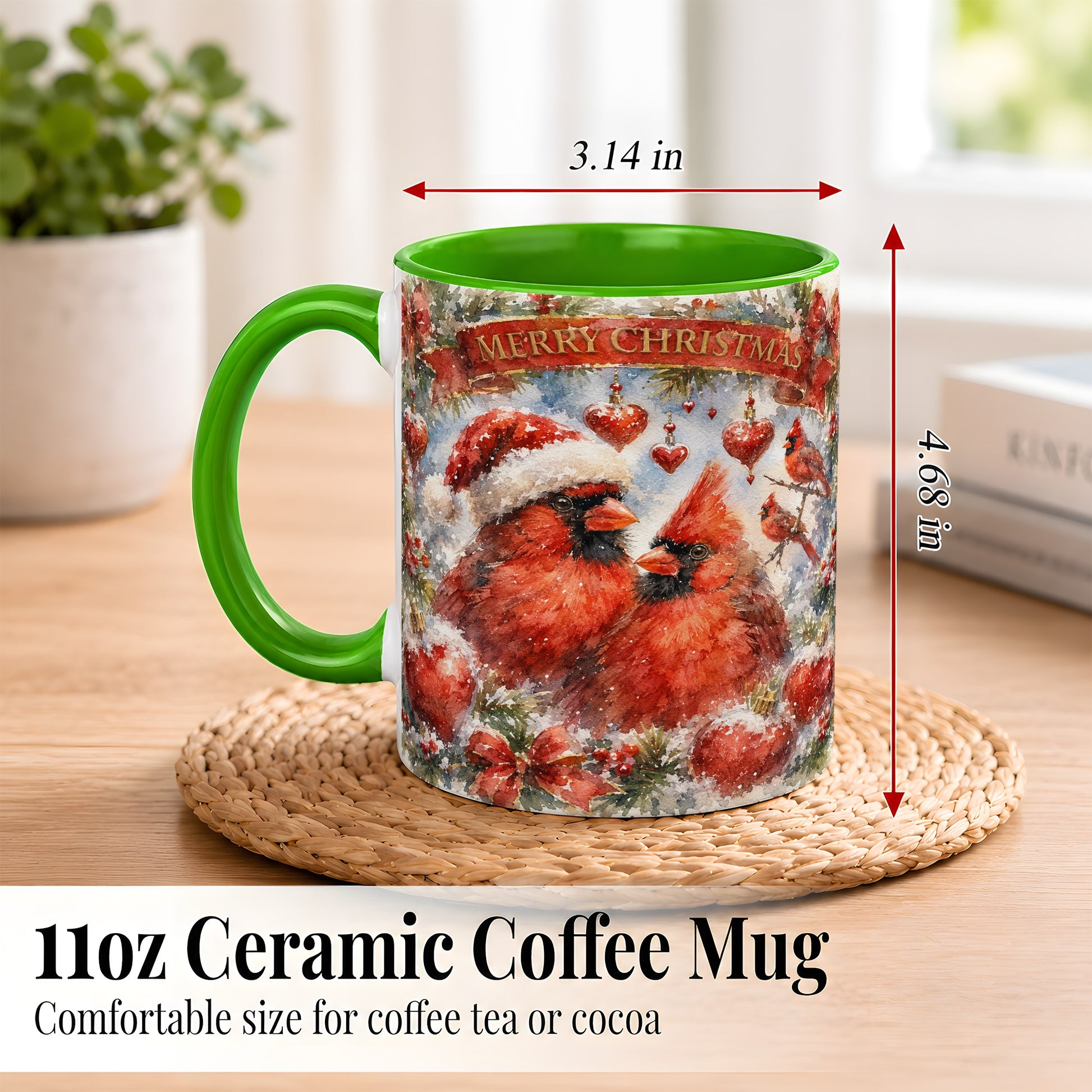 #pl[11oz|Green] Christmas Cardinals Coffee Mug, Winter Bird Mug, Ceramic Cup