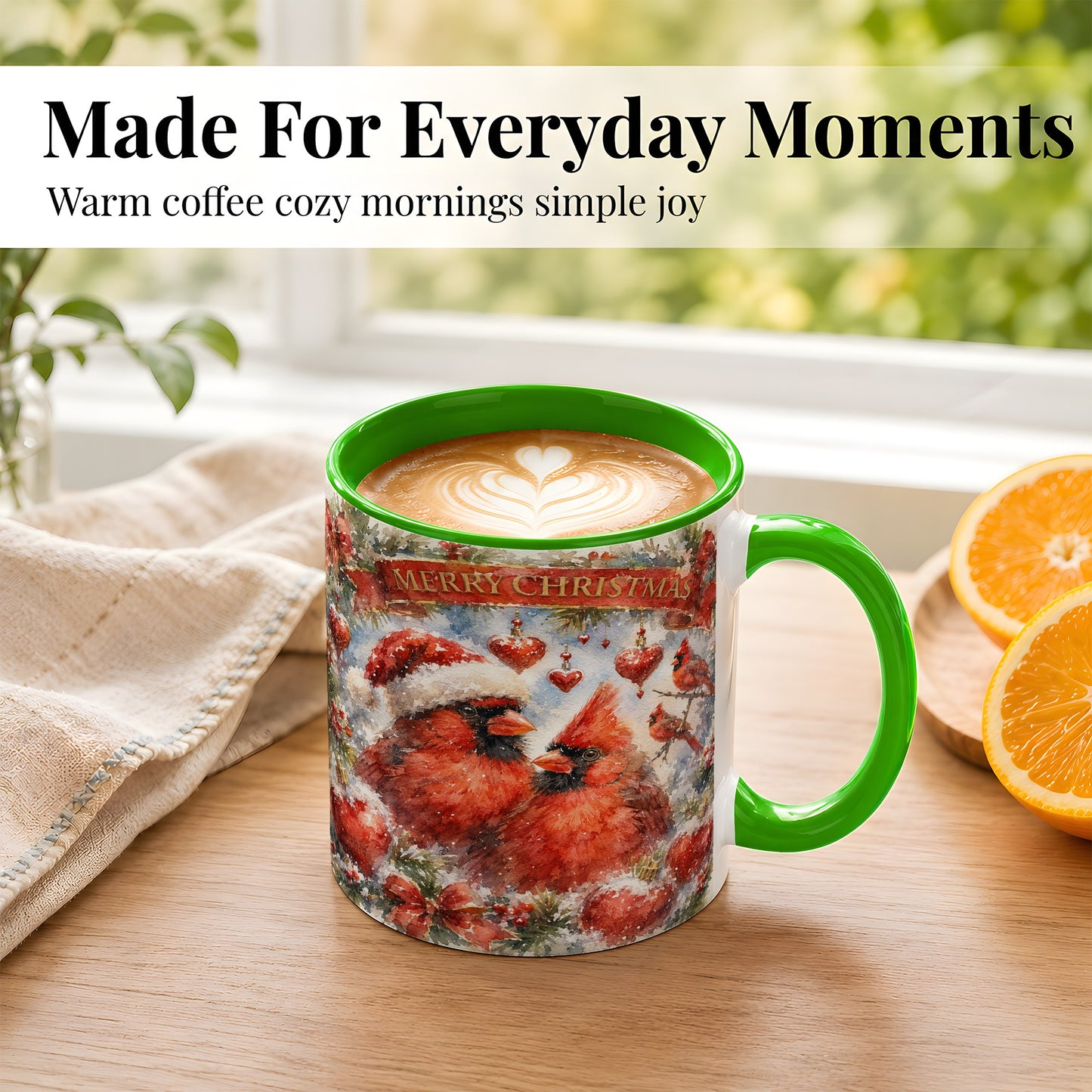#pl[11oz|Green] Christmas Cardinals Coffee Mug, Winter Bird Mug, Ceramic Cup