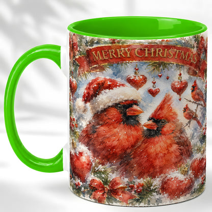 #pl[11oz|Green] Christmas Cardinals Coffee Mug, Winter Bird Mug, Ceramic Cup