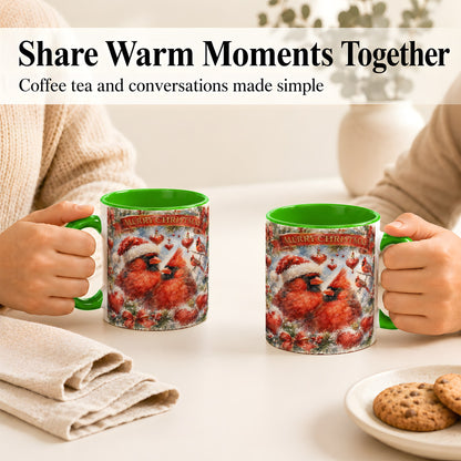 #pl[11oz|Green] Christmas Cardinals Coffee Mug, Winter Bird Mug, Ceramic Cup