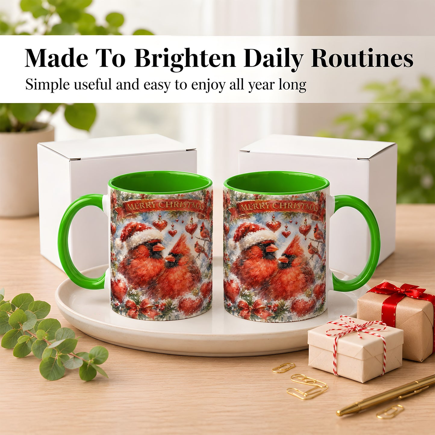#pl[11oz|Green] Christmas Cardinals Coffee Mug, Winter Bird Mug, Ceramic Cup