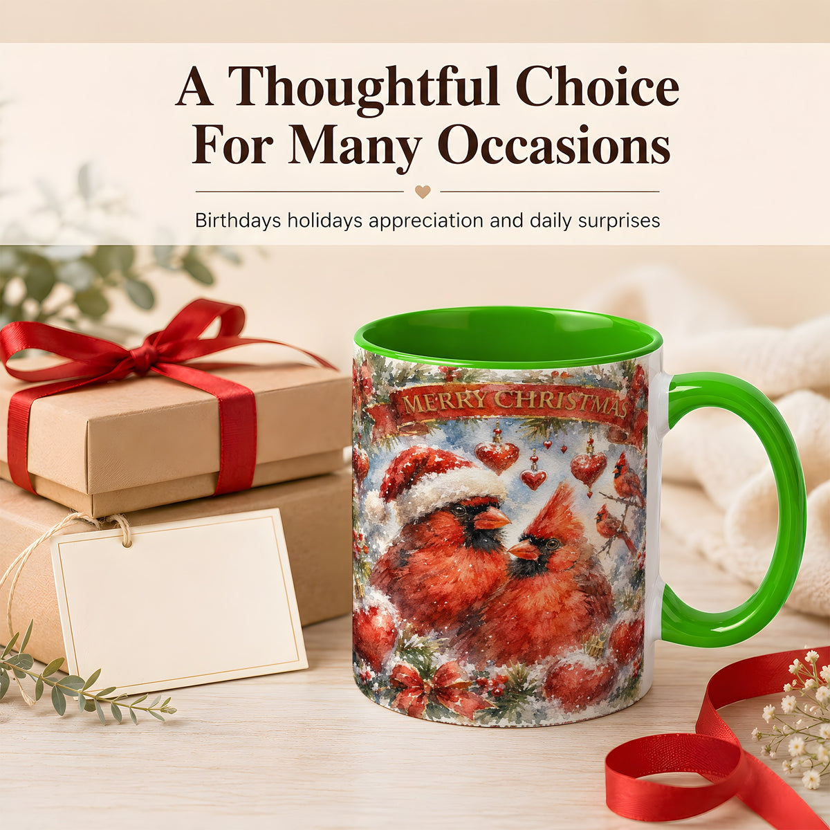 #pl[11oz|Green] Christmas Cardinals Coffee Mug, Winter Bird Mug, Ceramic Cup