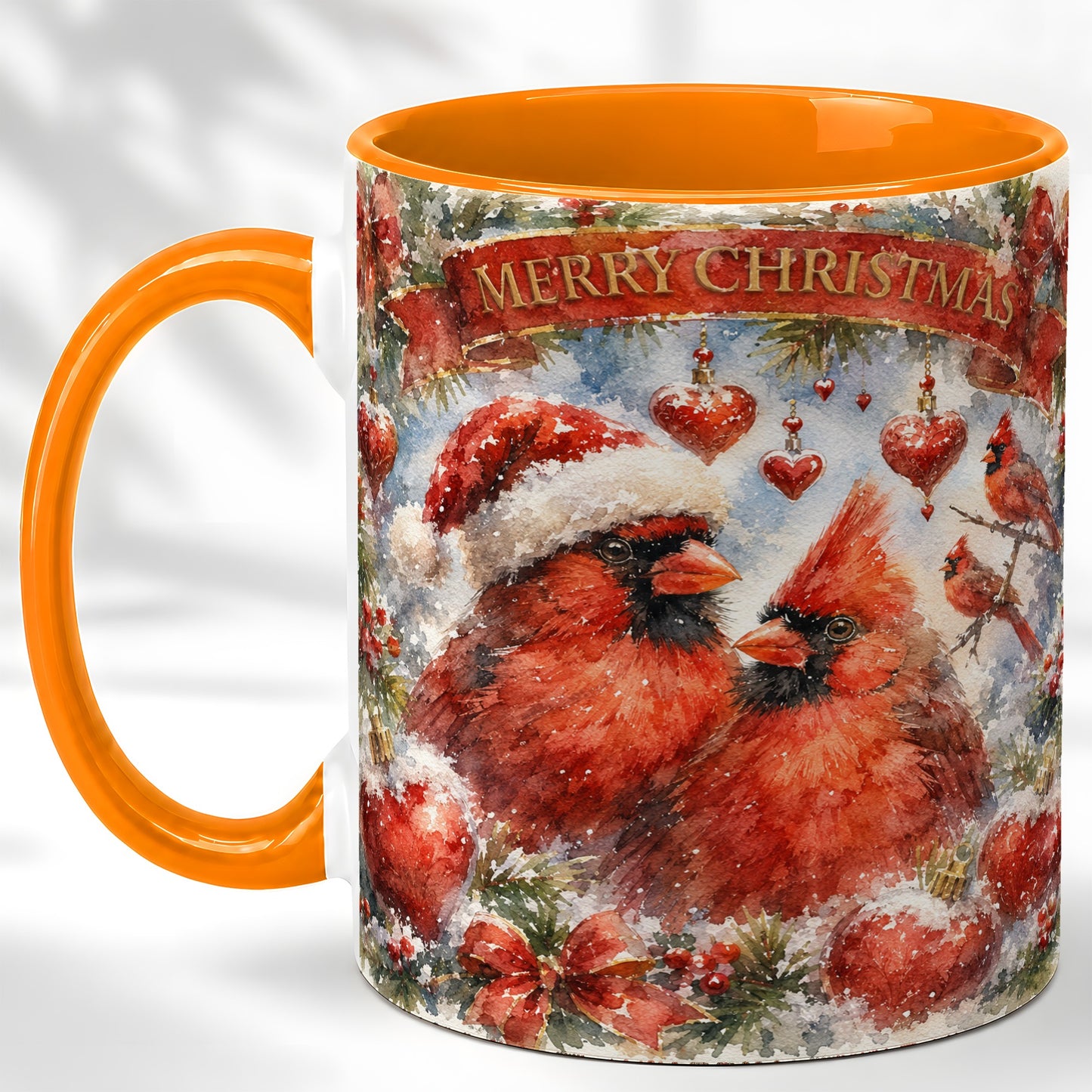 #pl[11oz|Orange] Christmas Cardinals Coffee Mug, Winter Bird Mug, Ceramic Cup