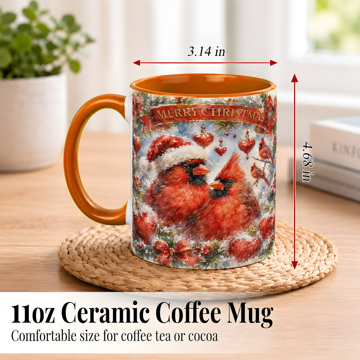 #pl[11oz|Orange] Christmas Cardinals Coffee Mug, Winter Bird Mug, Ceramic Cup