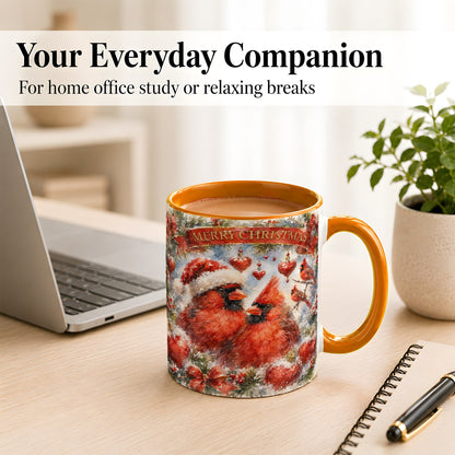#pl[11oz|Orange] Christmas Cardinals Coffee Mug, Winter Bird Mug, Ceramic Cup