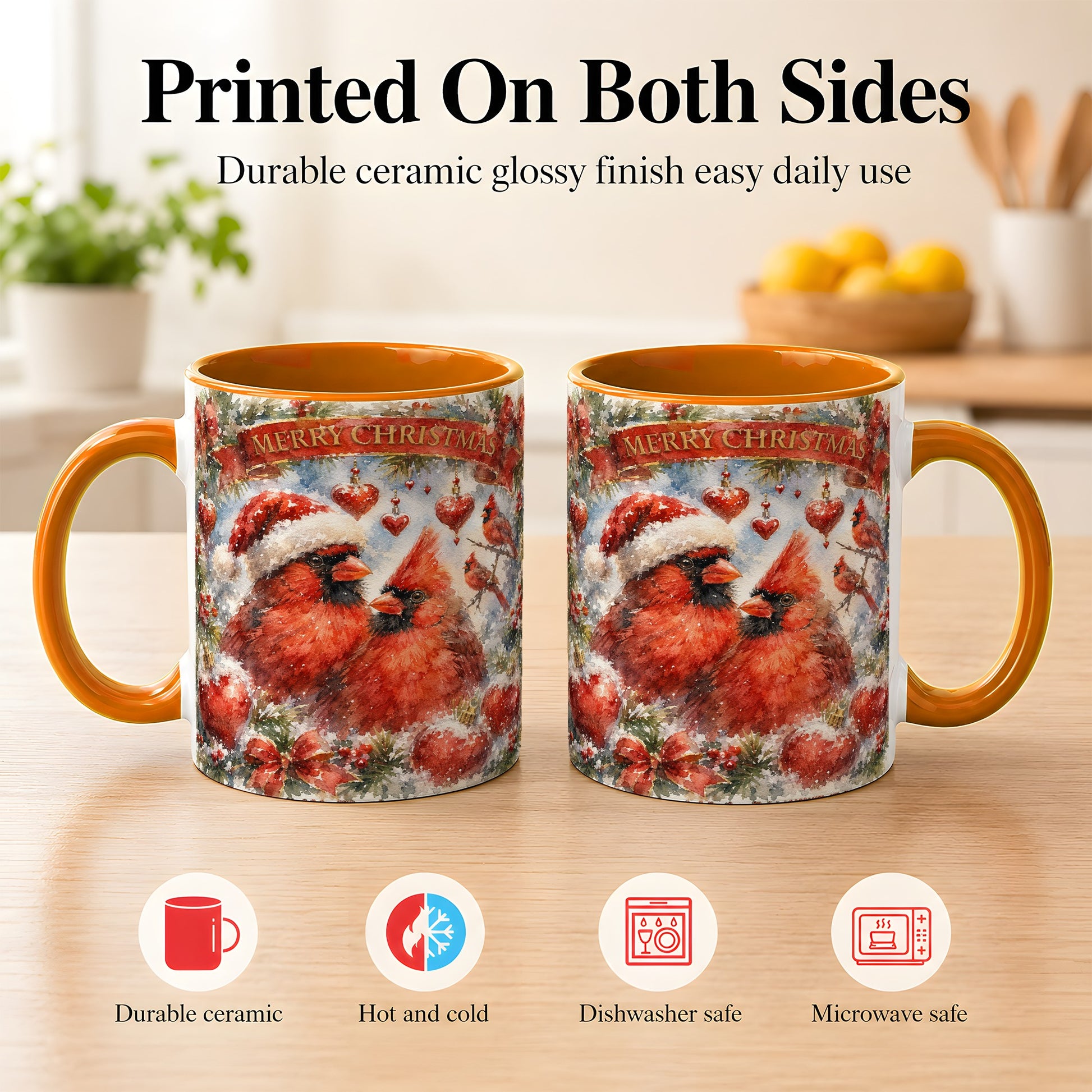 #pl[11oz|Orange] Christmas Cardinals Coffee Mug, Winter Bird Mug, Ceramic Cup