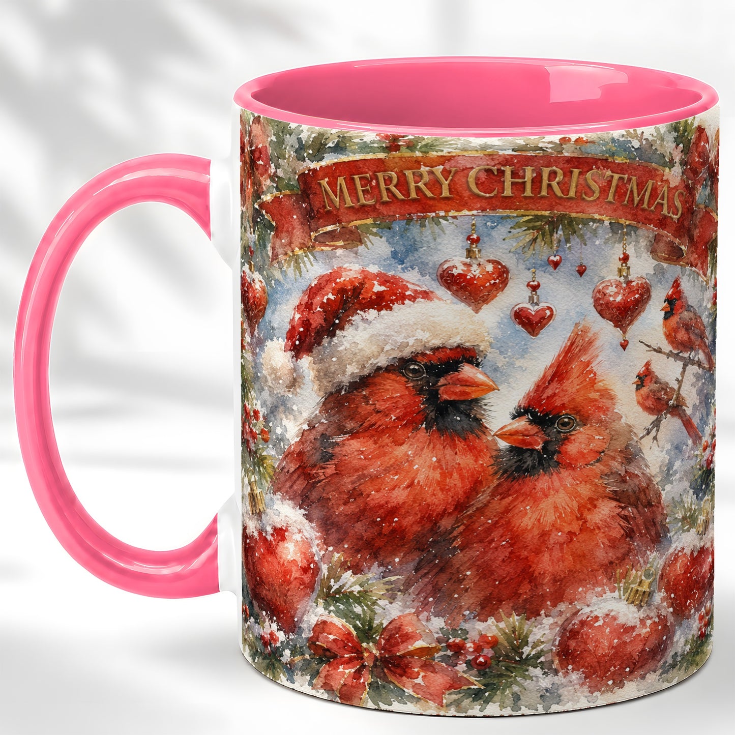 #pl[11oz|Pink] Christmas Cardinals Coffee Mug, Winter Bird Mug, Ceramic Cup