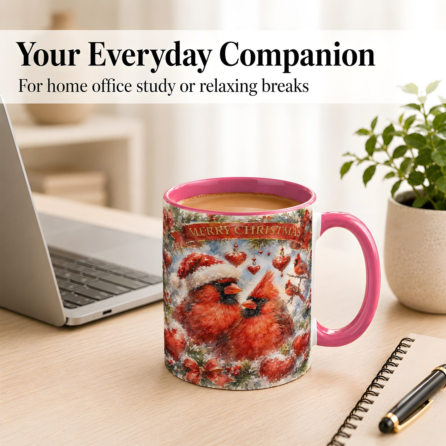 #pl[11oz|Pink] Christmas Cardinals Coffee Mug, Winter Bird Mug, Ceramic Cup