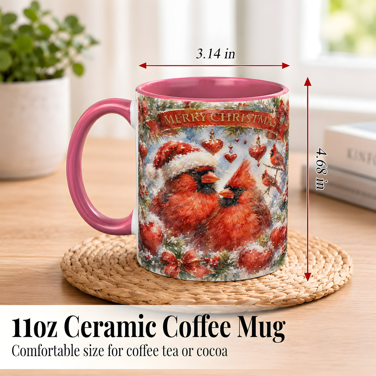 #pl[11oz|Pink] Christmas Cardinals Coffee Mug, Winter Bird Mug, Ceramic Cup