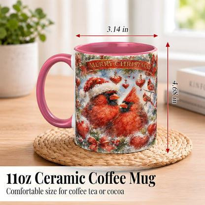 #pl[11oz|Pink] Christmas Cardinals Coffee Mug, Winter Bird Mug, Ceramic Cup