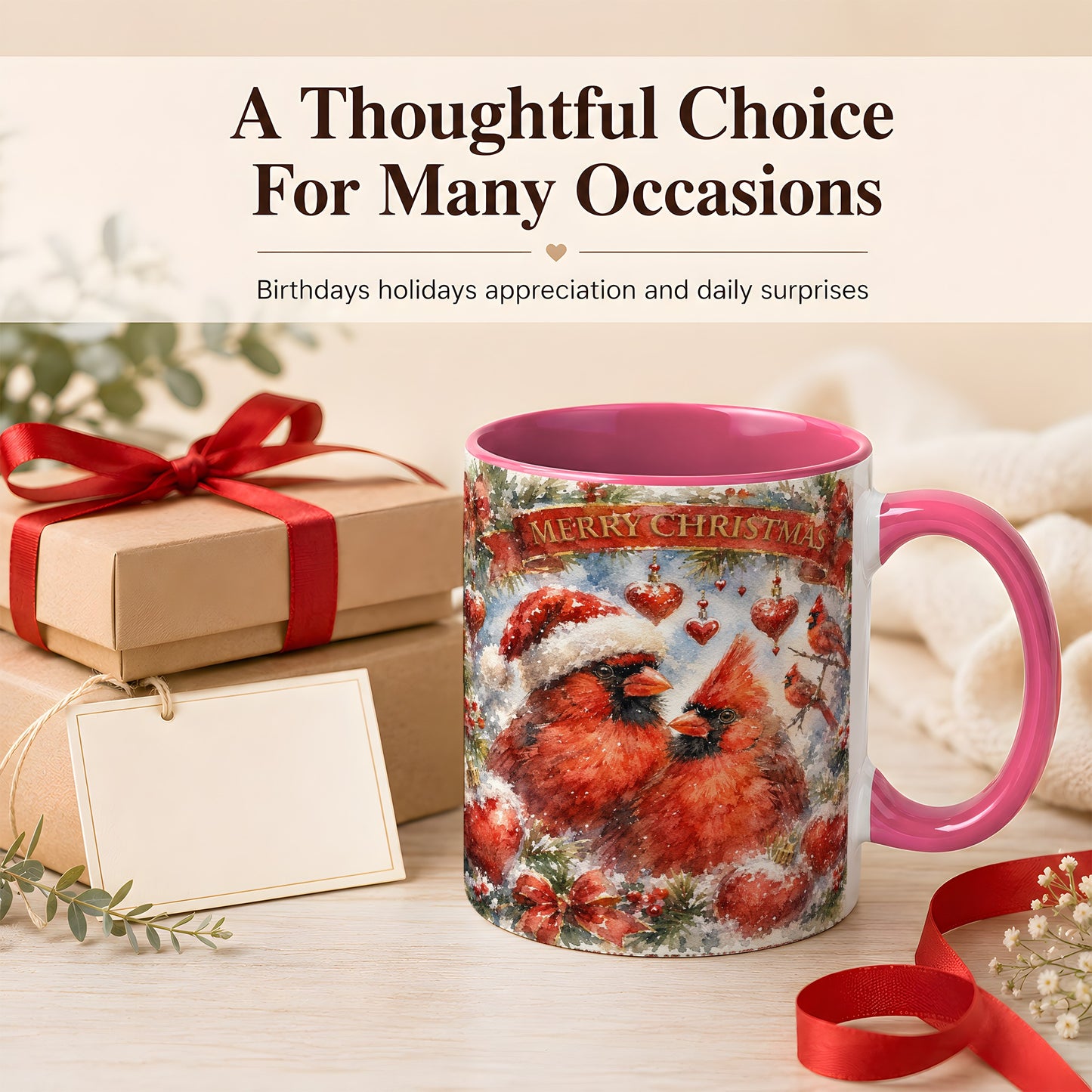 #pl[11oz|Pink] Christmas Cardinals Coffee Mug, Winter Bird Mug, Ceramic Cup