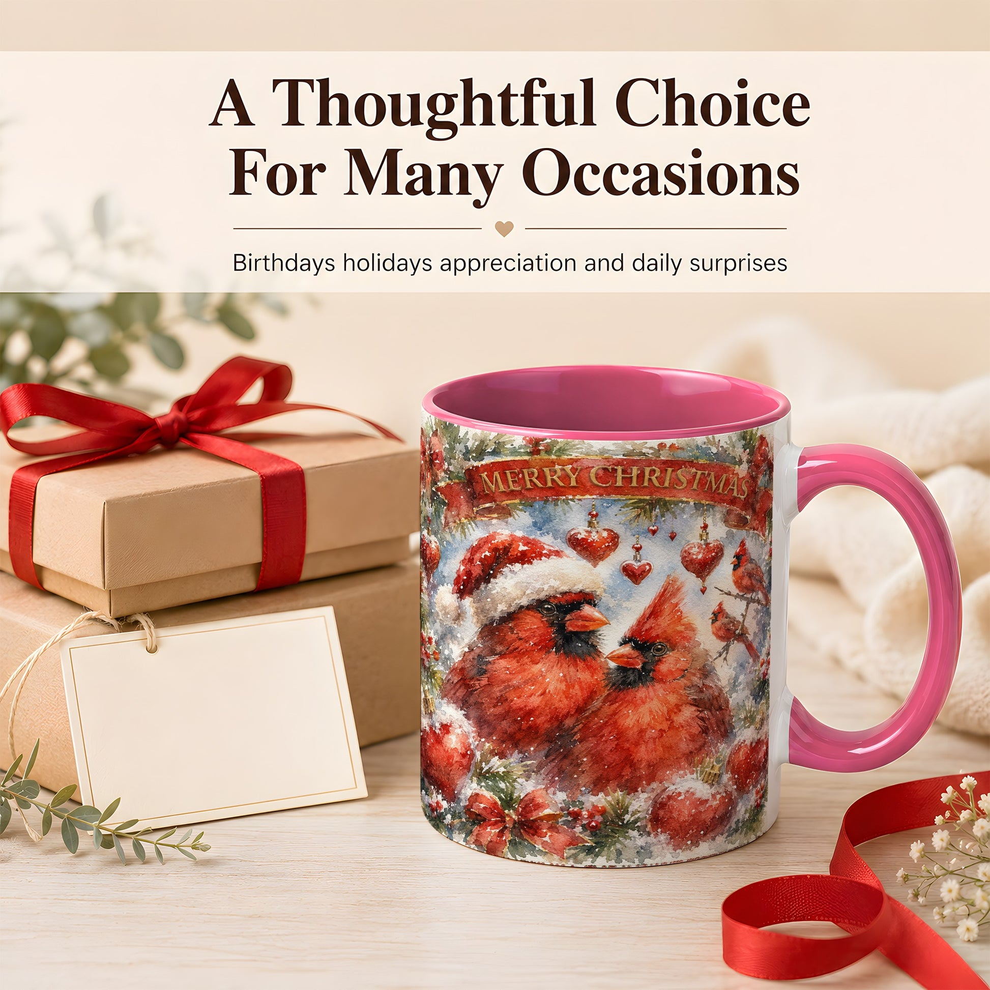 #pl[11oz|Pink] Christmas Cardinals Coffee Mug, Winter Bird Mug, Ceramic Cup