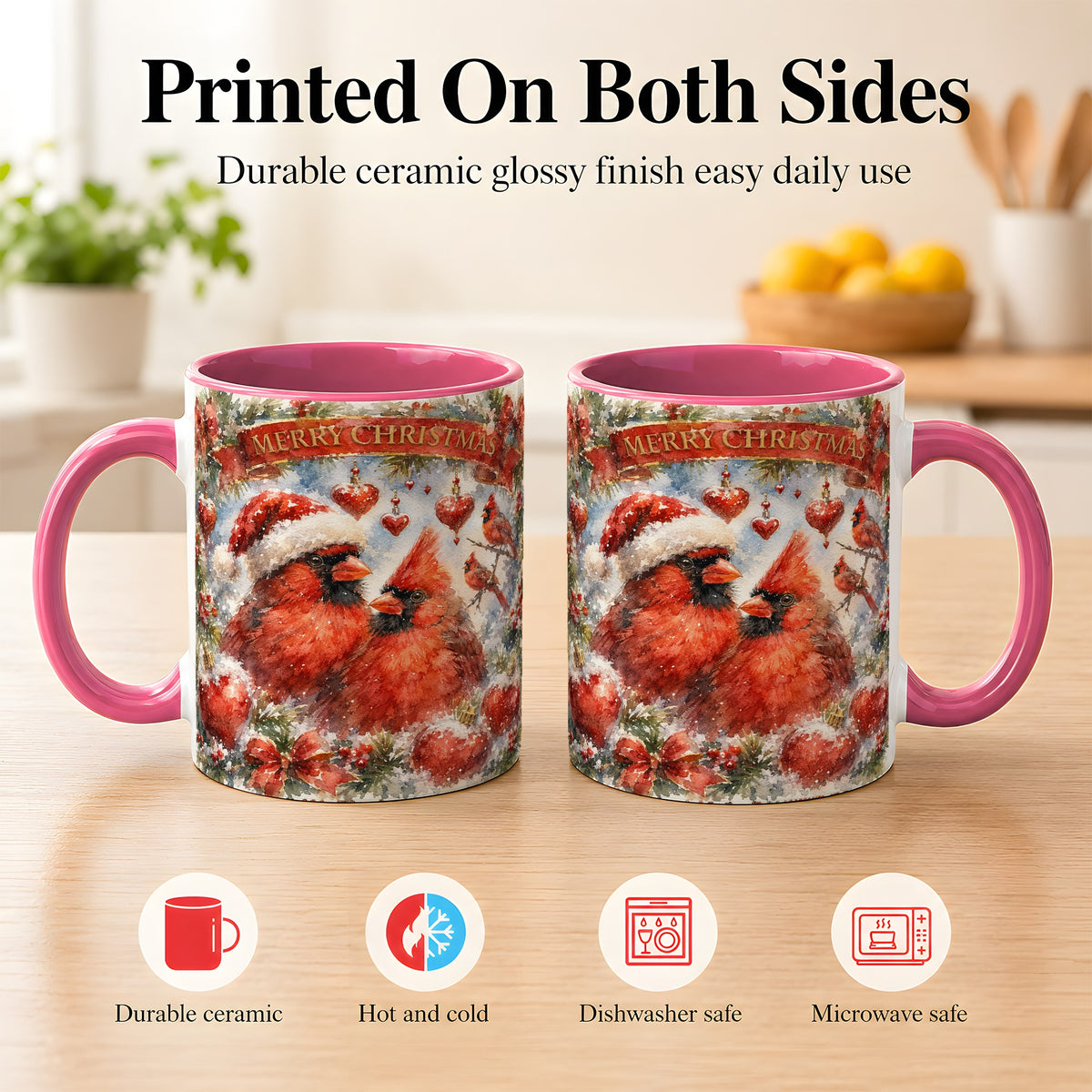 #pl[11oz|Pink] Christmas Cardinals Coffee Mug, Winter Bird Mug, Ceramic Cup