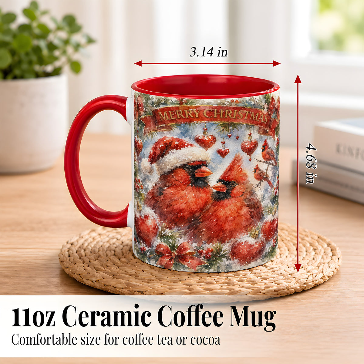 #pl[11oz|Red] Christmas Cardinals Coffee Mug, Winter Bird Mug, Ceramic Cup