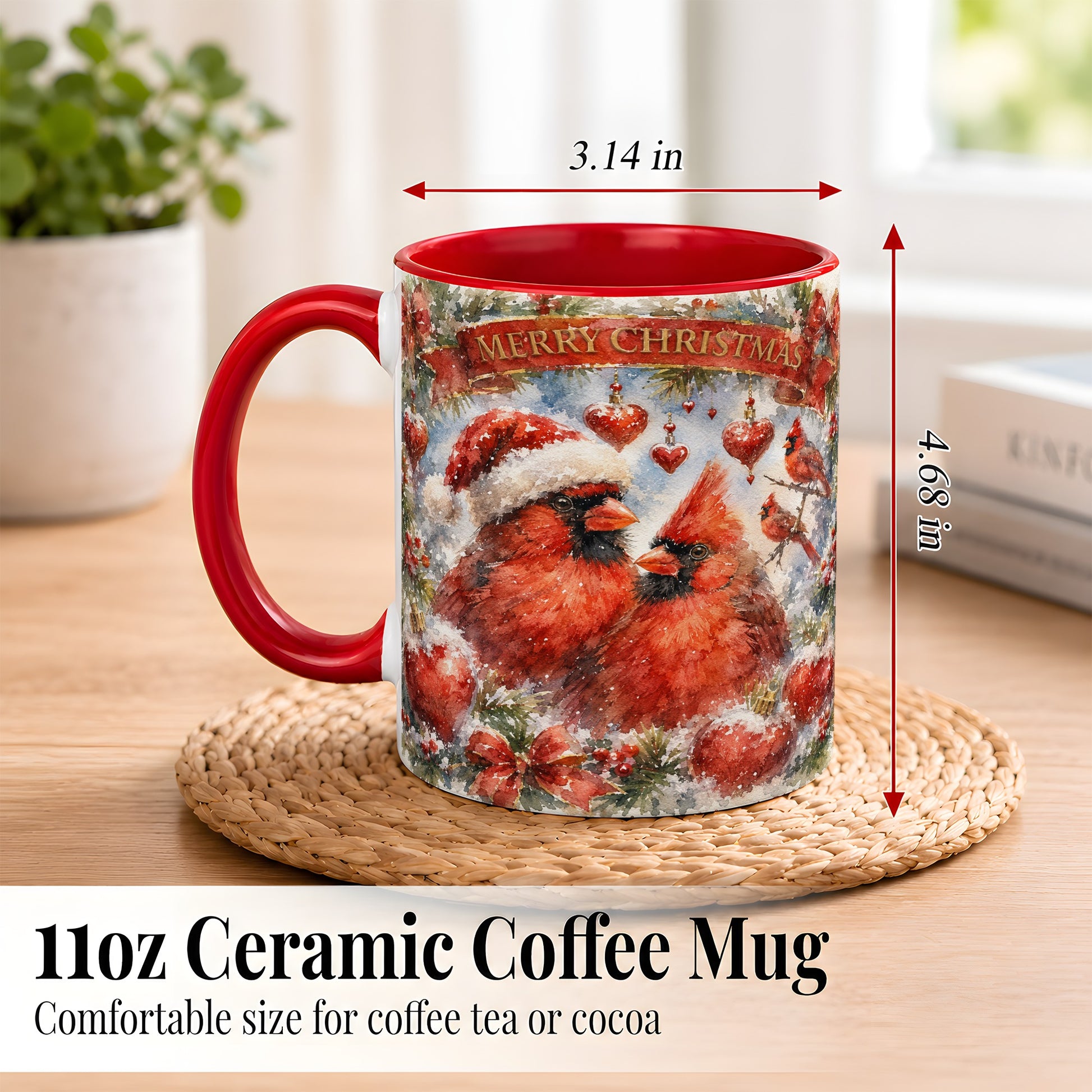 #pl[11oz|Red] Christmas Cardinals Coffee Mug, Winter Bird Mug, Ceramic Cup