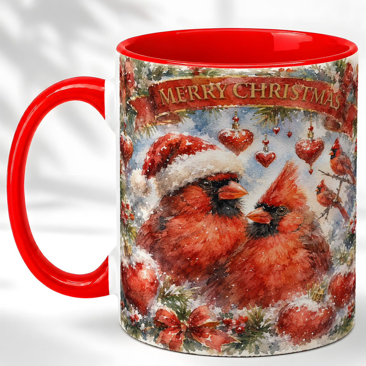 Christmas Cardinals Coffee Mug, Winter Bird Mug, Ceramic Cup