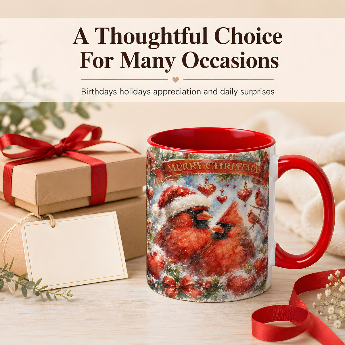 #pl[11oz|Red] Christmas Cardinals Coffee Mug, Winter Bird Mug, Ceramic Cup