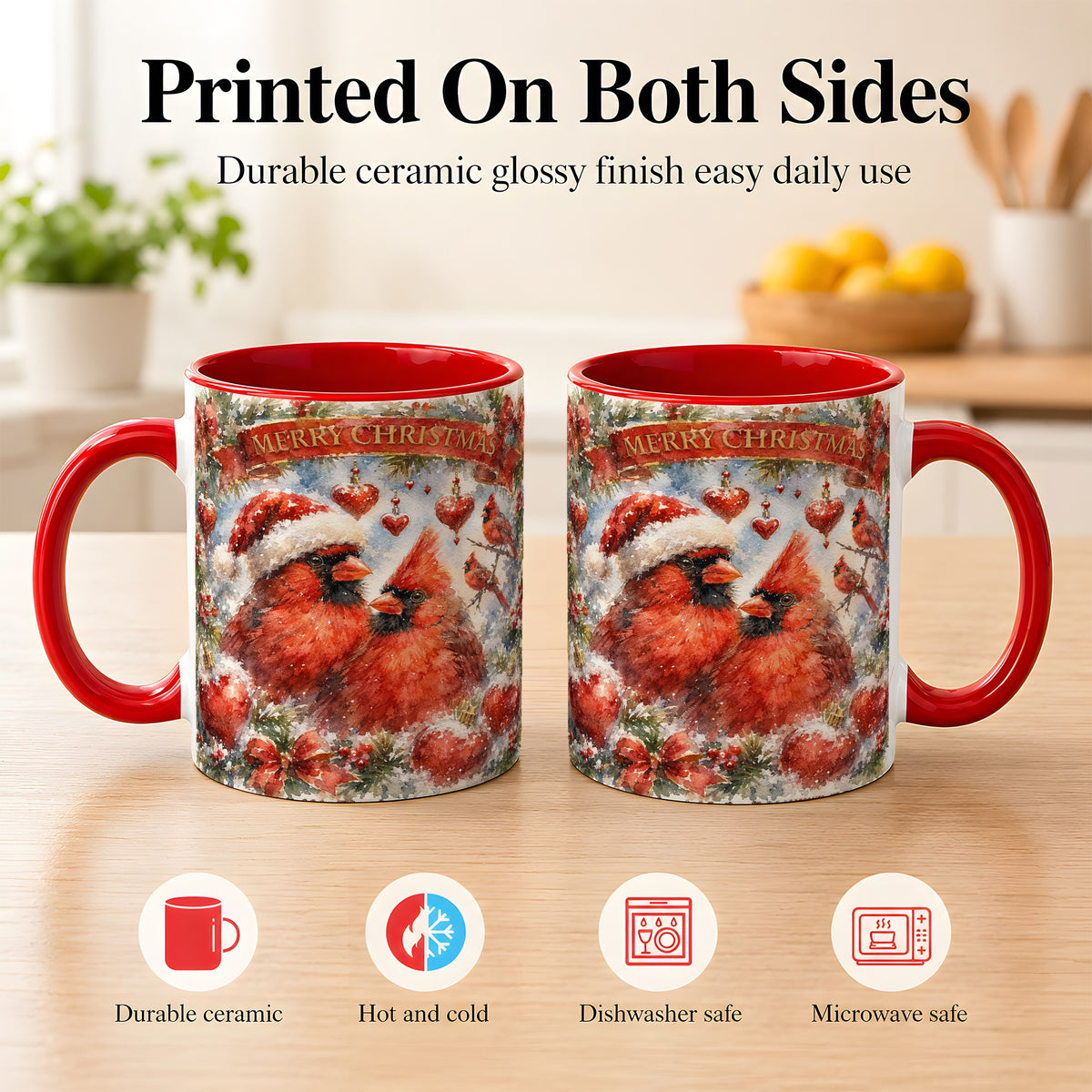 #pl[11oz|Red] Christmas Cardinals Coffee Mug, Winter Bird Mug, Ceramic Cup