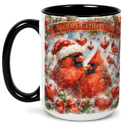 #pl[15oz|Black] Christmas Cardinals Coffee Mug, Winter Bird Mug, Ceramic Cup
