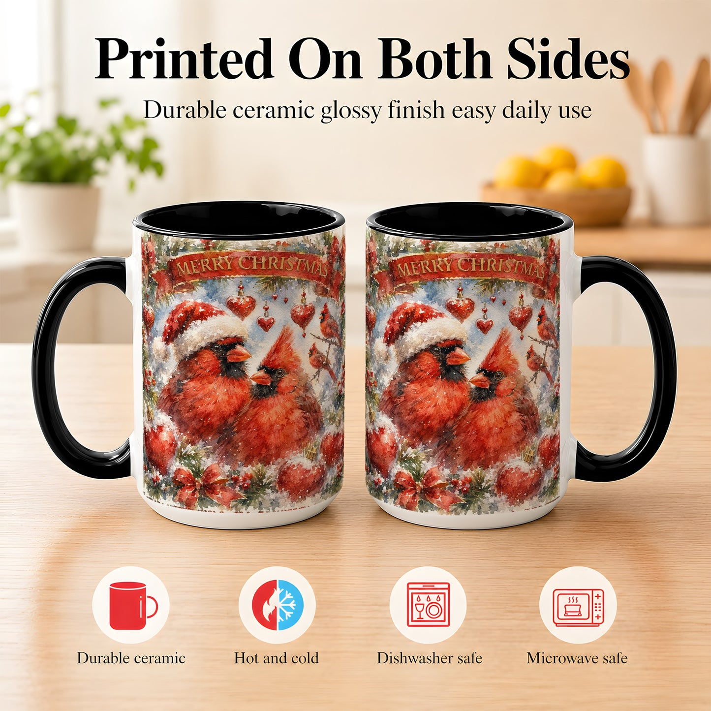 #pl[15oz|Black] Christmas Cardinals Coffee Mug, Winter Bird Mug, Ceramic Cup