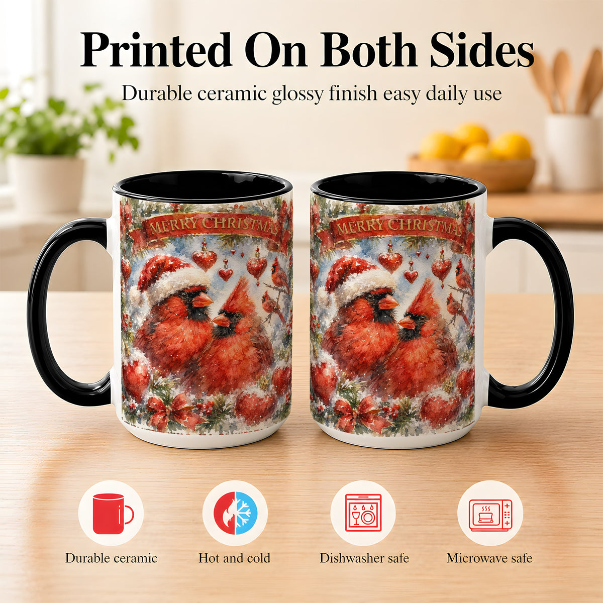 #pl[15oz|Black] Christmas Cardinals Coffee Mug, Winter Bird Mug, Ceramic Cup