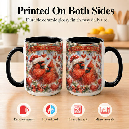 #pl[15oz|Black] Christmas Cardinals Coffee Mug, Winter Bird Mug, Ceramic Cup
