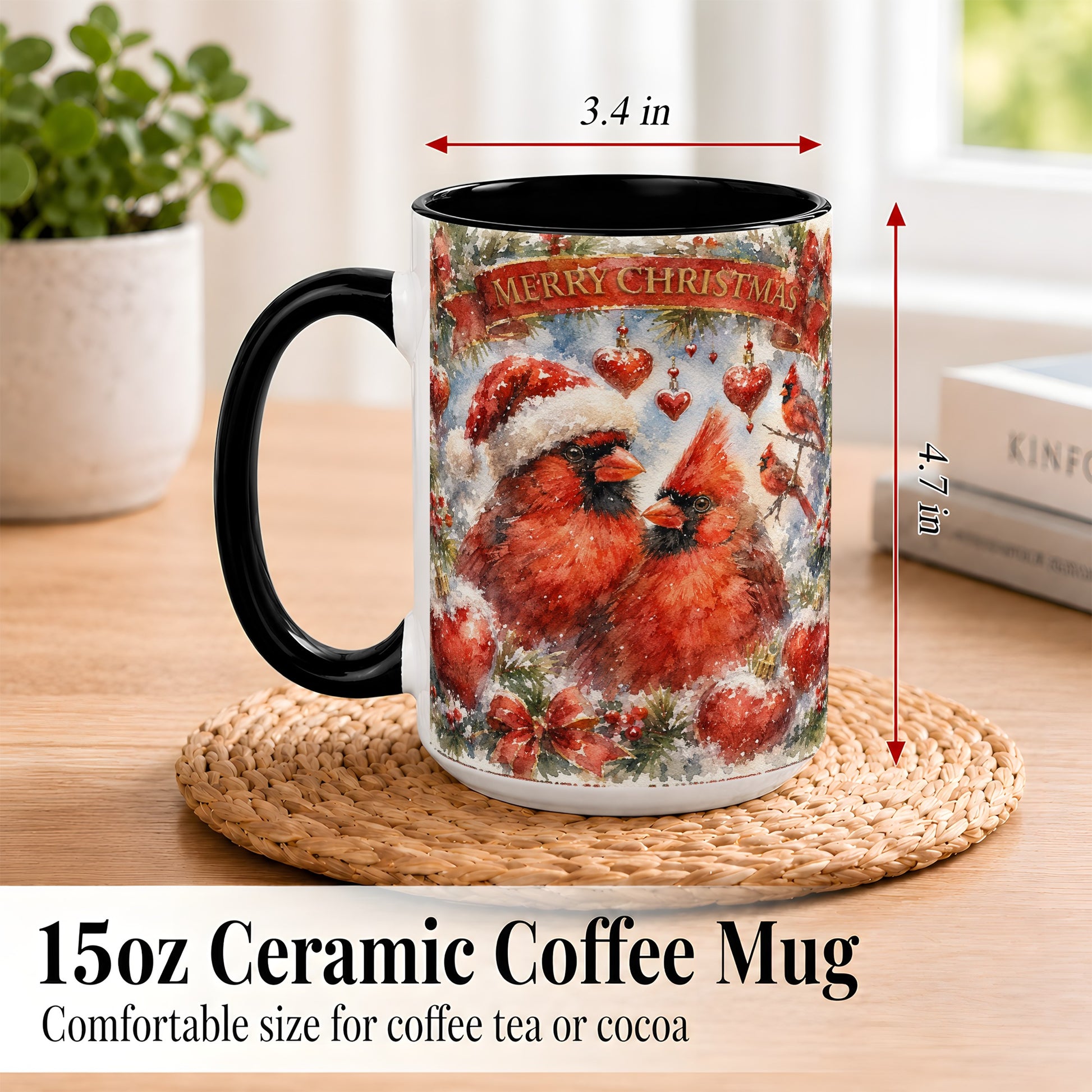 #pl[15oz|Black] Christmas Cardinals Coffee Mug, Winter Bird Mug, Ceramic Cup