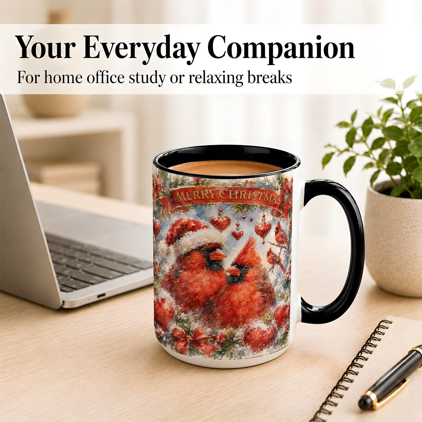 #pl[15oz|Black] Christmas Cardinals Coffee Mug, Winter Bird Mug, Ceramic Cup