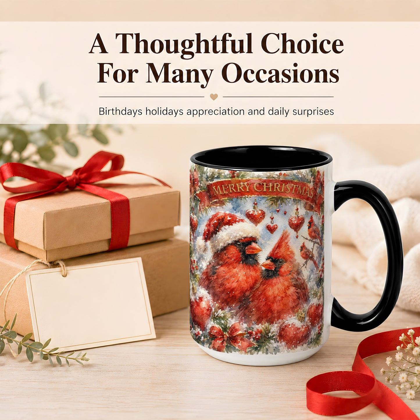 #pl[15oz|Black] Christmas Cardinals Coffee Mug, Winter Bird Mug, Ceramic Cup